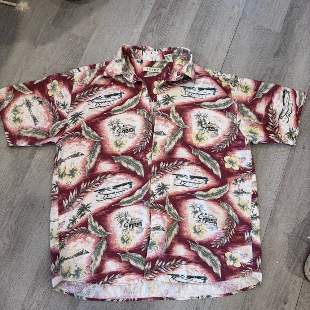 Summa Linen Silk Blend Hawaiian Button Up Mens Shirt Palm Trees Planes Size XL